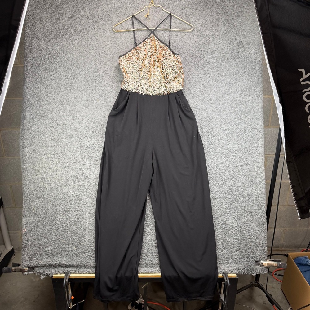 Sequin Hearts Black‎ Gold Sequin Halter Jumpsuit Size 7 Wide Leg Eveningwear